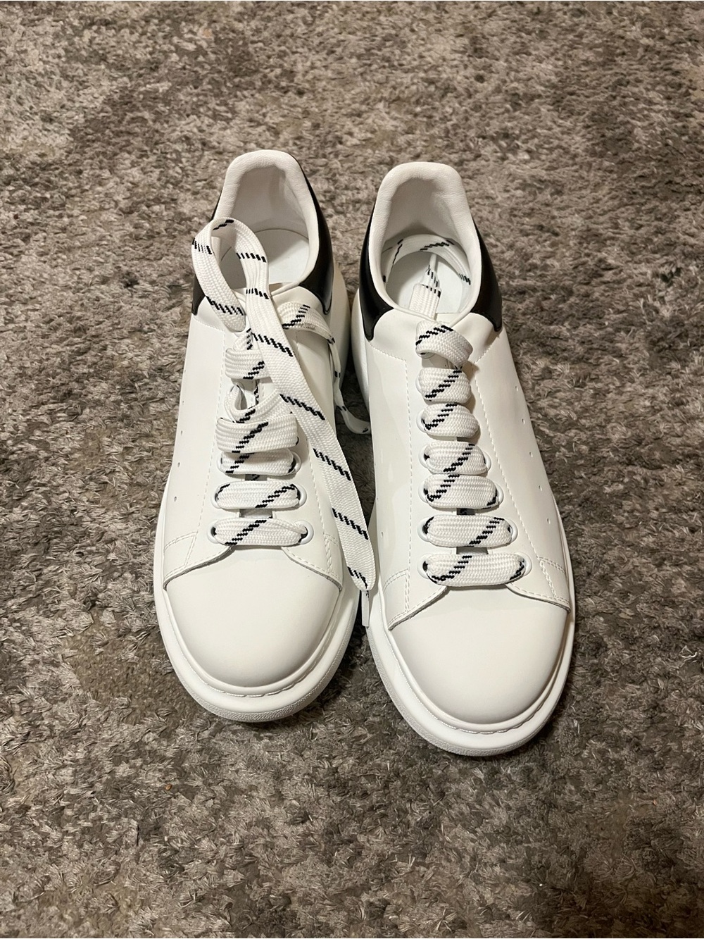 Alexander McQueen White Leather Sneakers with Black Heel Tab and Striped Laces